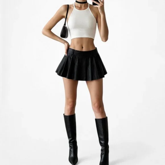 Lioness Black Faux Leather Micro Mini Pleated Skater Skirt Skort Size XS - Picture 2 of 6